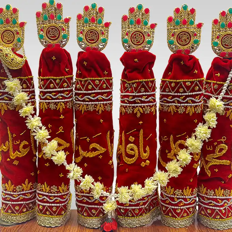 Beautiful Red Alam Set Home Azakhana Punjatan and Hazrat Abbas (as) Stone Work Panja