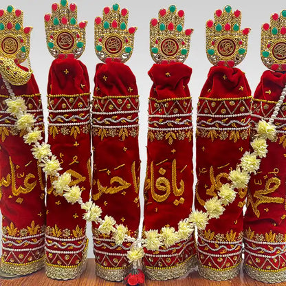 Beautiful Red Alam Set Home Azakhana Punjatan and Hazrat Abbas (as) Stone Work Panja