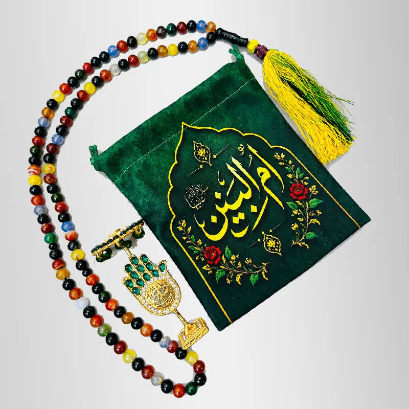 Bibi Umul Baneen Tasbih with Pouch and Panja Hazrat Abbas (as) Green Stone Work