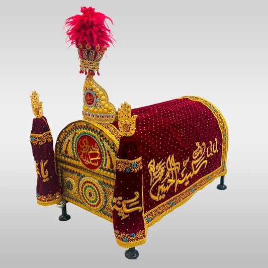 Folding Taboot Bibi Sakina (sa) Gold Plated in Kashi Stone Work with Maroon Chaddar