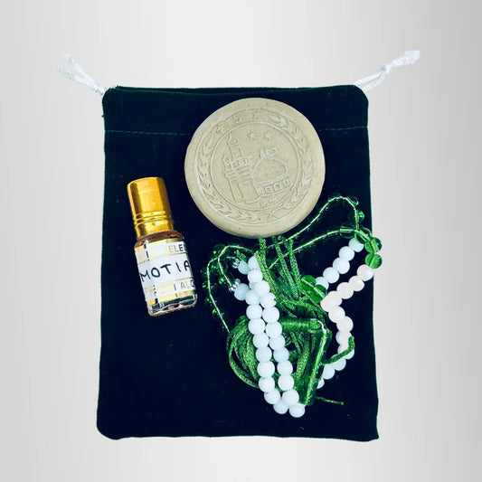 Black Pouch Tasbih Set with Sigdigah and Itar for giveaway for Majlis 
