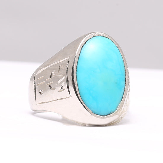Blue Turquoise, SIlver Ring, Blue Feeroza Silver Naqsh Engraved Ring - Elegant and Peaceful