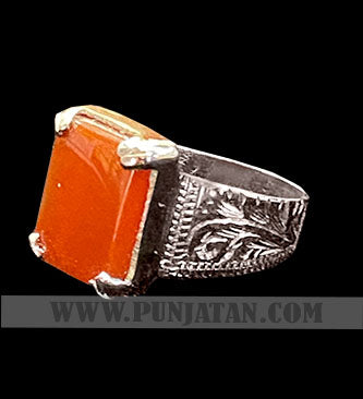 Square Shape Red Aqeeq Silver Ring Beautiful Design 
