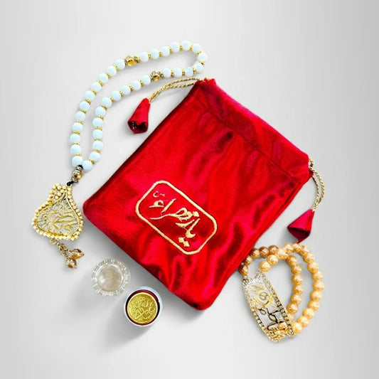 Bibi Fatima (as) Premium Tasbih Braslet Coin – Red Velvet Pouch