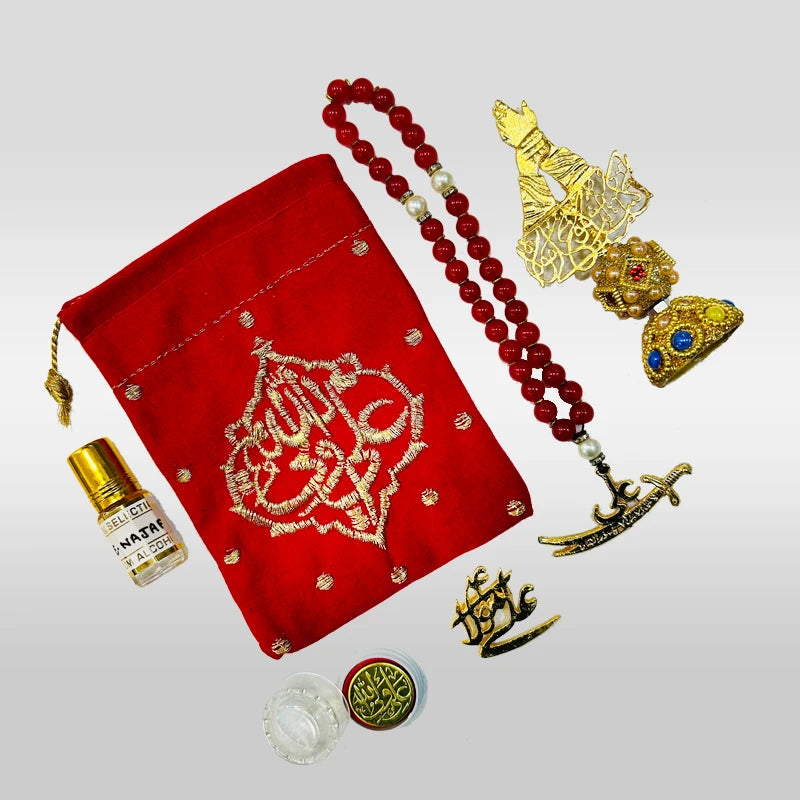 Beautiful Gift Giveaway pouch of Imam Ali (as) with Red Crystal tasbeeh with Manqunto Mola Fa Haza Ali un mola Stand for Ghadeer Jashan e Masomeen (as)