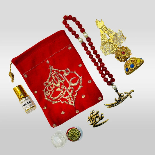 Beautiful Gift Giveaway pouch of Imam Ali (as) with Red Crystal tasbeeh with Manqunto Mola Fa Haza Ali un mola Stand for Ghadeer Jashan e Masomeen (as)