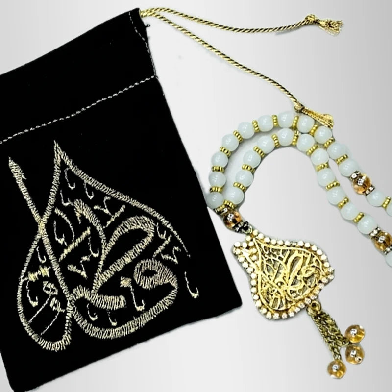 Ya Fatima Zehra (sa) Tasbih with Black Velvet Pouch Golden Embroidery
